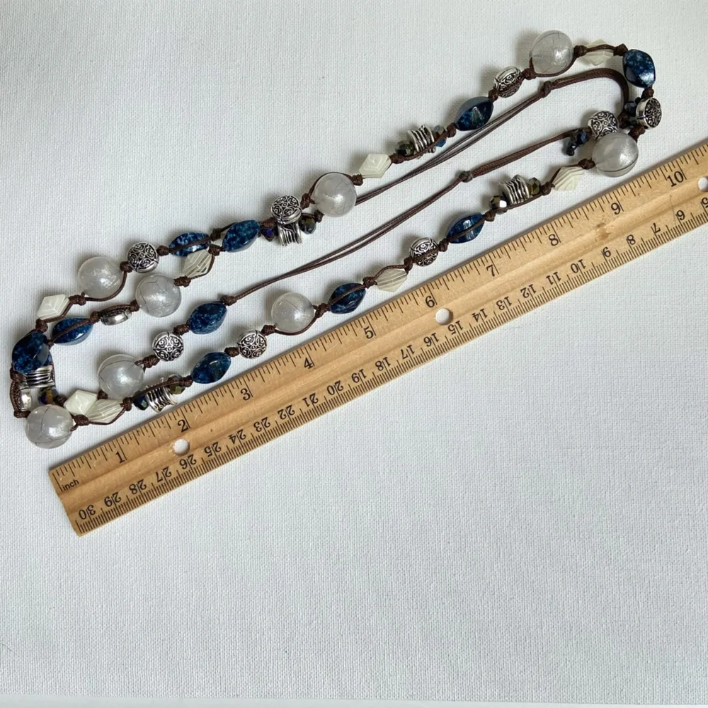 Premier Designs Chambray necklace blue white silvertone beads on cord with bolo